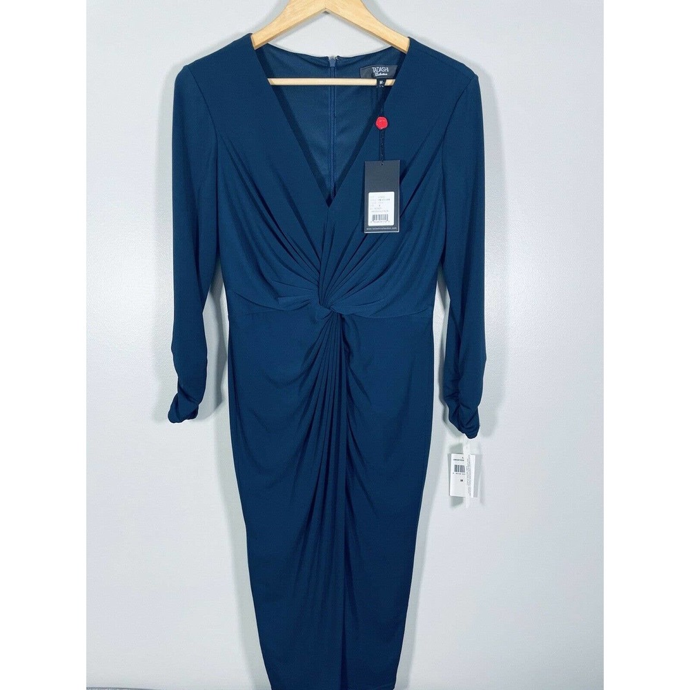 NWT Tadashi Collection Dress M Medium Jersey Knit Twist Front Cocktail Navy Blue